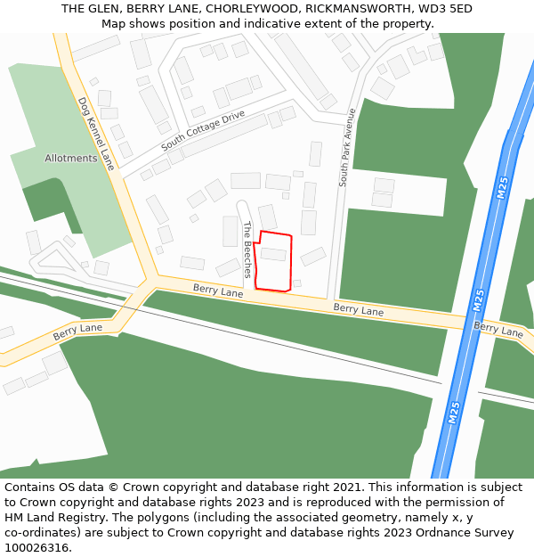 THE GLEN, BERRY LANE, CHORLEYWOOD, RICKMANSWORTH, WD3 5ED: Location map and indicative extent of plot