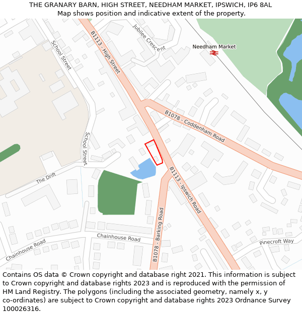 THE GRANARY BARN, HIGH STREET, NEEDHAM MARKET, IPSWICH, IP6 8AL: Location map and indicative extent of plot