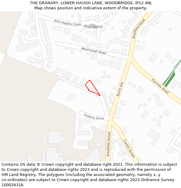 THE GRANARY, LOWER HAUGH LANE, WOODBRIDGE, IP12 4NJ: Location map and indicative extent of plot