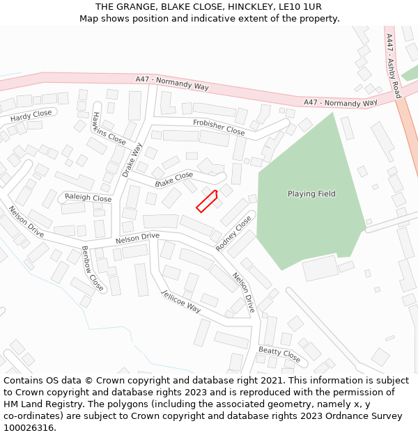 THE GRANGE, BLAKE CLOSE, HINCKLEY, LE10 1UR: Location map and indicative extent of plot