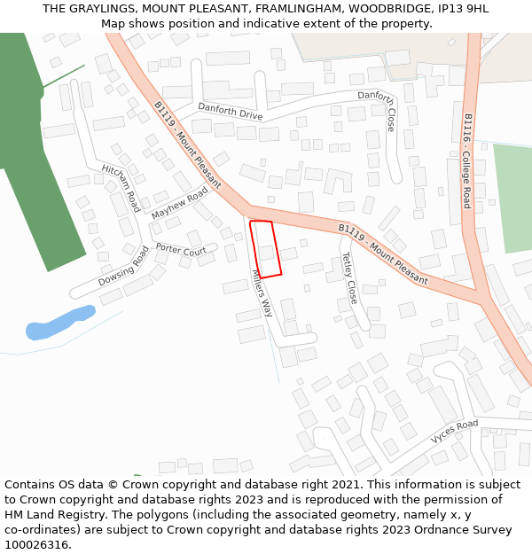 THE GRAYLINGS, MOUNT PLEASANT, FRAMLINGHAM, WOODBRIDGE, IP13 9HL: Location map and indicative extent of plot