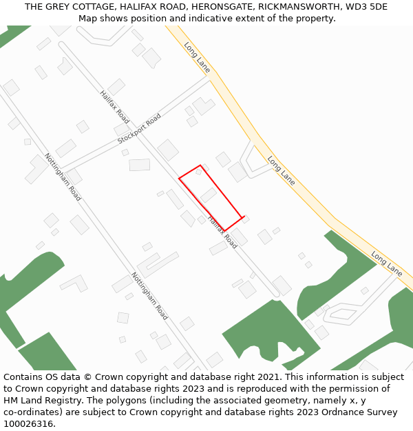 THE GREY COTTAGE, HALIFAX ROAD, HERONSGATE, RICKMANSWORTH, WD3 5DE: Location map and indicative extent of plot