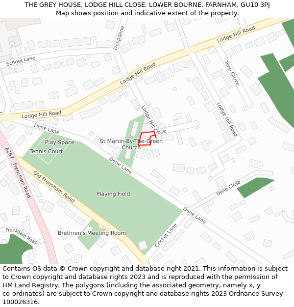 THE GREY HOUSE, LODGE HILL CLOSE, LOWER BOURNE, FARNHAM, GU10 3PJ: Location map and indicative extent of plot