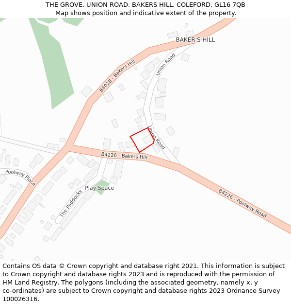 THE GROVE, UNION ROAD, BAKERS HILL, COLEFORD, GL16 7QB: Location map and indicative extent of plot