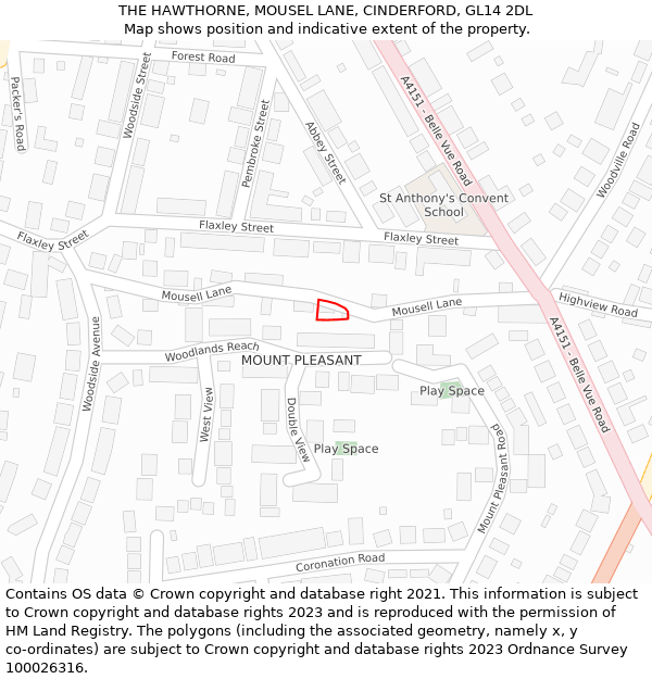 THE HAWTHORNE, MOUSEL LANE, CINDERFORD, GL14 2DL: Location map and indicative extent of plot