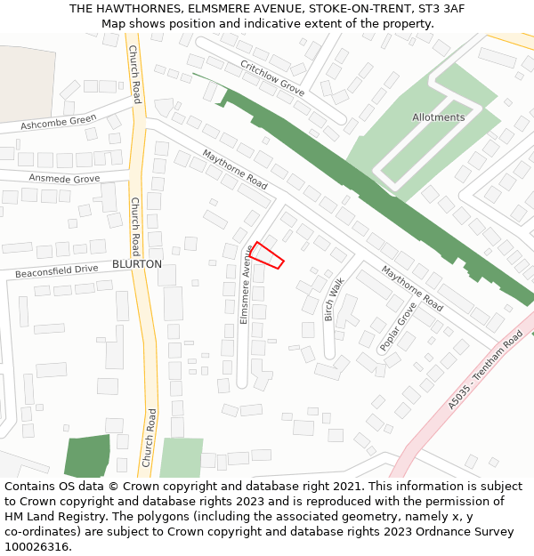 THE HAWTHORNES, ELMSMERE AVENUE, STOKE-ON-TRENT, ST3 3AF: Location map and indicative extent of plot