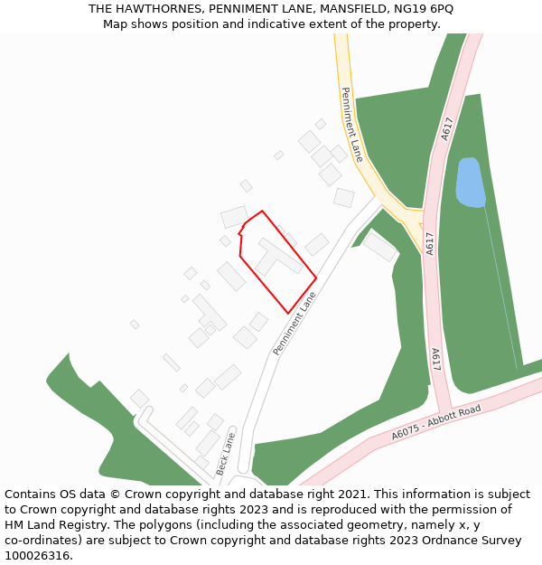 THE HAWTHORNES, PENNIMENT LANE, MANSFIELD, NG19 6PQ: Location map and indicative extent of plot