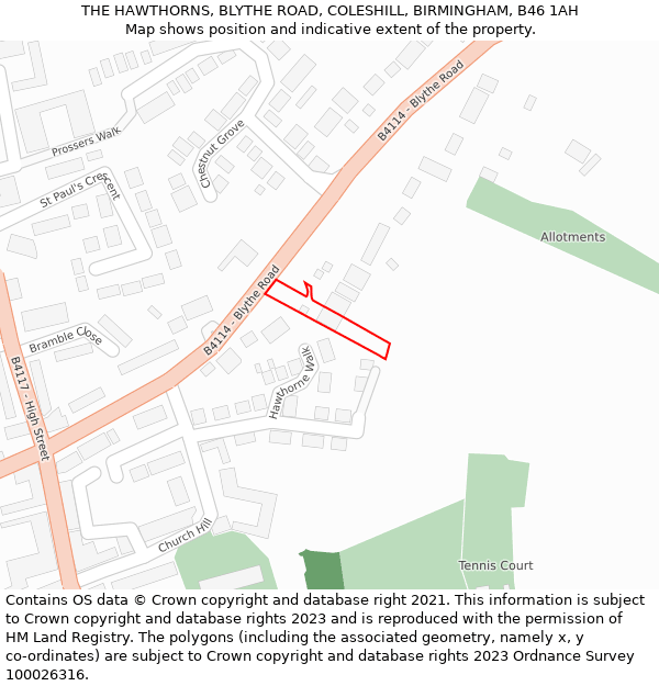 THE HAWTHORNS, BLYTHE ROAD, COLESHILL, BIRMINGHAM, B46 1AH: Location map and indicative extent of plot