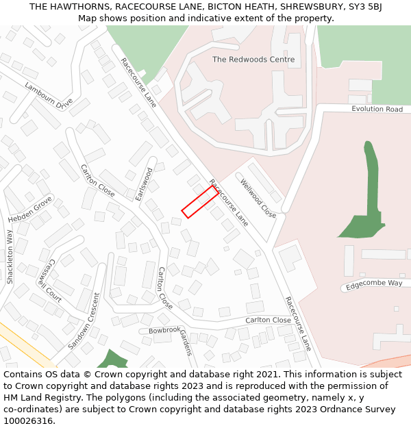 THE HAWTHORNS, RACECOURSE LANE, BICTON HEATH, SHREWSBURY, SY3 5BJ: Location map and indicative extent of plot