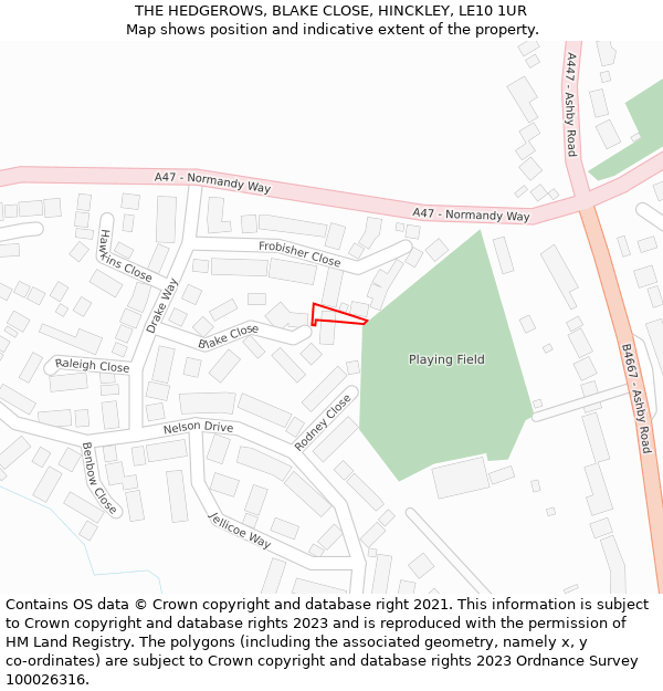 THE HEDGEROWS, BLAKE CLOSE, HINCKLEY, LE10 1UR: Location map and indicative extent of plot