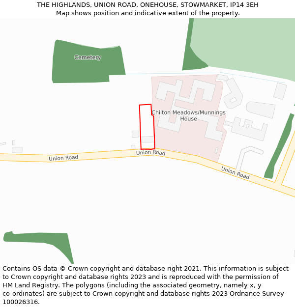 THE HIGHLANDS, UNION ROAD, ONEHOUSE, STOWMARKET, IP14 3EH: Location map and indicative extent of plot