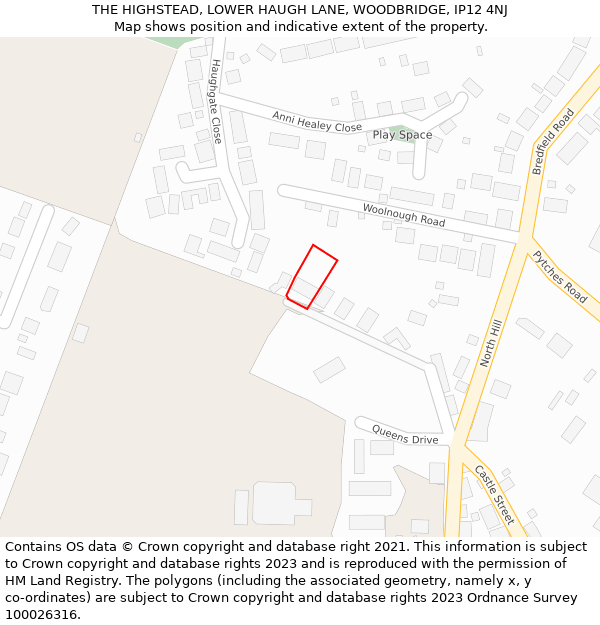 THE HIGHSTEAD, LOWER HAUGH LANE, WOODBRIDGE, IP12 4NJ: Location map and indicative extent of plot