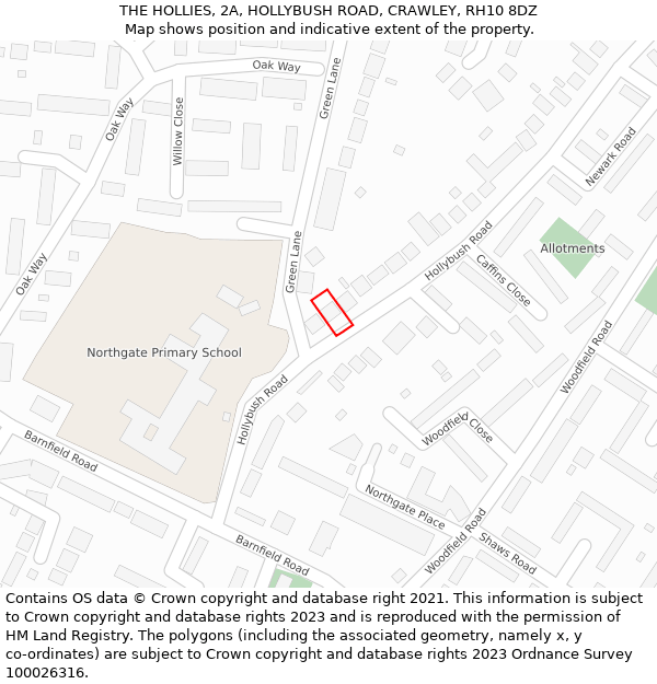 THE HOLLIES, 2A, HOLLYBUSH ROAD, CRAWLEY, RH10 8DZ: Location map and indicative extent of plot