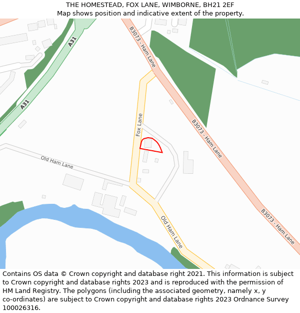 THE HOMESTEAD, FOX LANE, WIMBORNE, BH21 2EF: Location map and indicative extent of plot