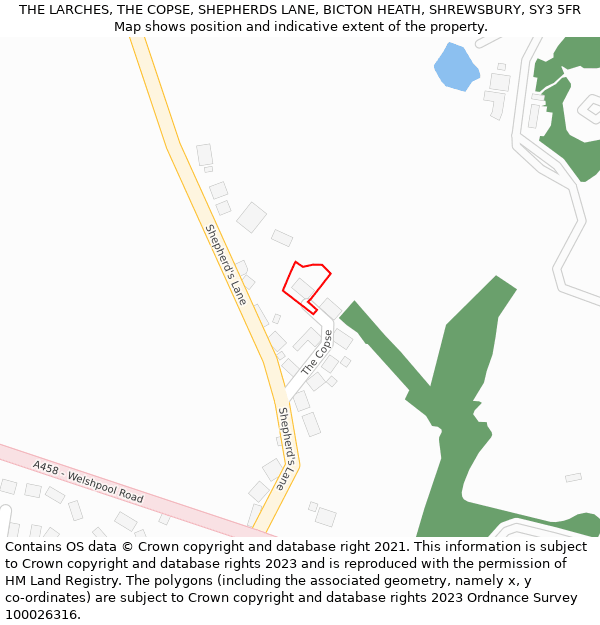THE LARCHES, THE COPSE, SHEPHERDS LANE, BICTON HEATH, SHREWSBURY, SY3 5FR: Location map and indicative extent of plot