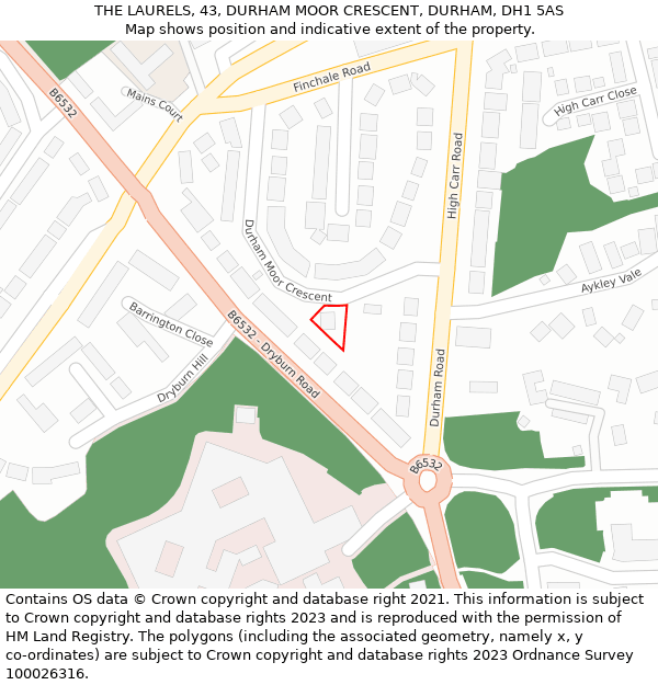 THE LAURELS, 43, DURHAM MOOR CRESCENT, DURHAM, DH1 5AS: Location map and indicative extent of plot