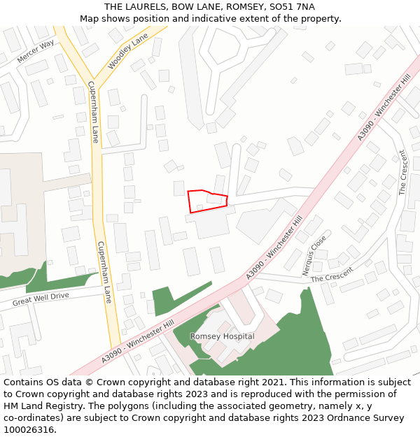 THE LAURELS, BOW LANE, ROMSEY, SO51 7NA: Location map and indicative extent of plot