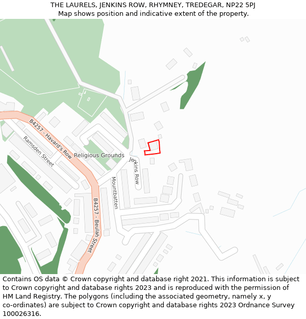 THE LAURELS, JENKINS ROW, RHYMNEY, TREDEGAR, NP22 5PJ: Location map and indicative extent of plot