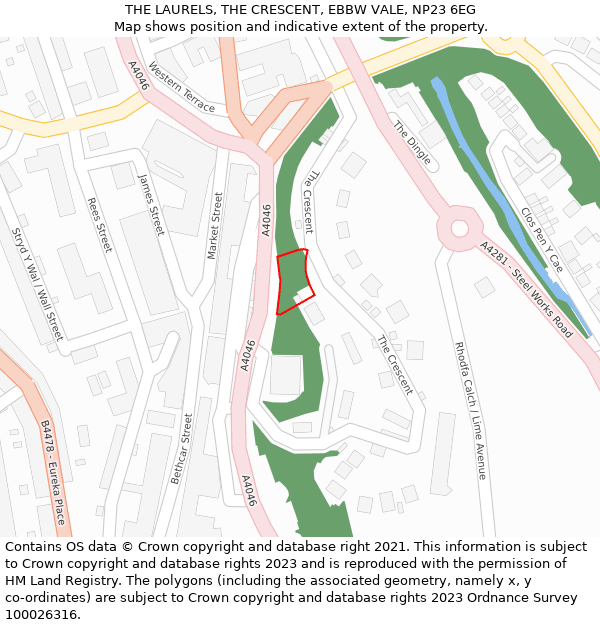 THE LAURELS, THE CRESCENT, EBBW VALE, NP23 6EG: Location map and indicative extent of plot