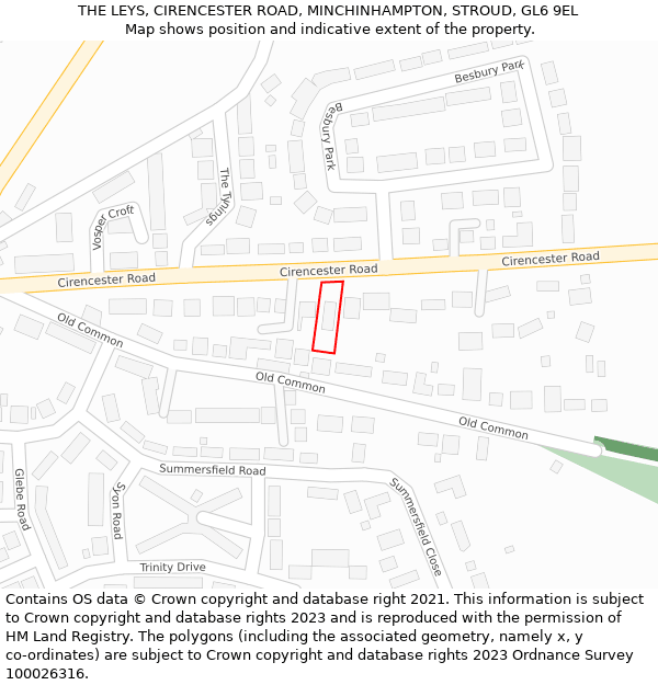 THE LEYS, CIRENCESTER ROAD, MINCHINHAMPTON, STROUD, GL6 9EL: Location map and indicative extent of plot