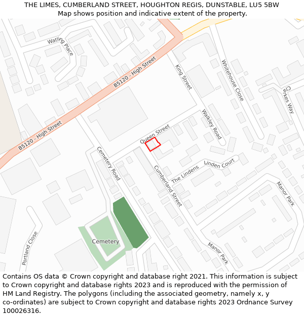 THE LIMES, CUMBERLAND STREET, HOUGHTON REGIS, DUNSTABLE, LU5 5BW: Location map and indicative extent of plot