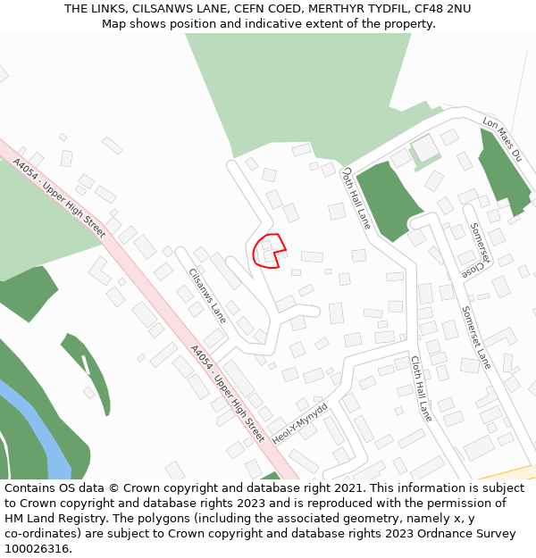 THE LINKS, CILSANWS LANE, CEFN COED, MERTHYR TYDFIL, CF48 2NU: Location map and indicative extent of plot