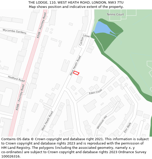 THE LODGE, 110, WEST HEATH ROAD, LONDON, NW3 7TU: Location map and indicative extent of plot