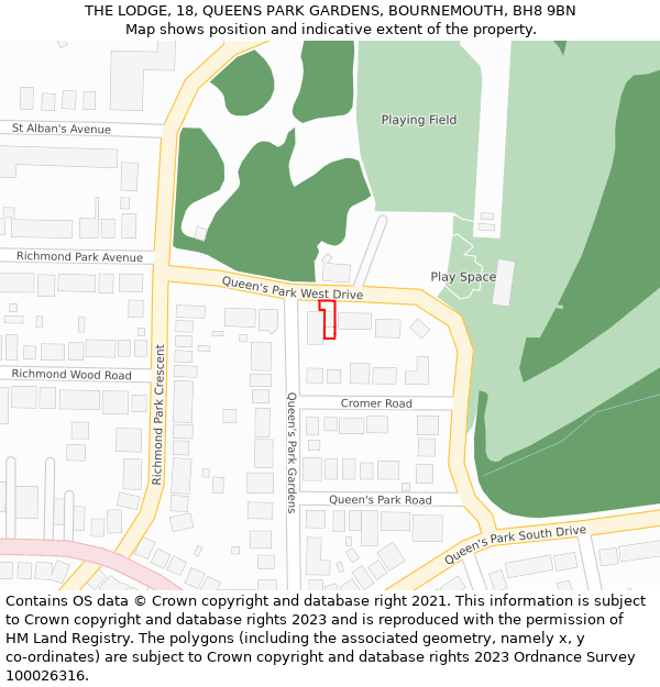 THE LODGE, 18, QUEENS PARK GARDENS, BOURNEMOUTH, BH8 9BN: Location map and indicative extent of plot