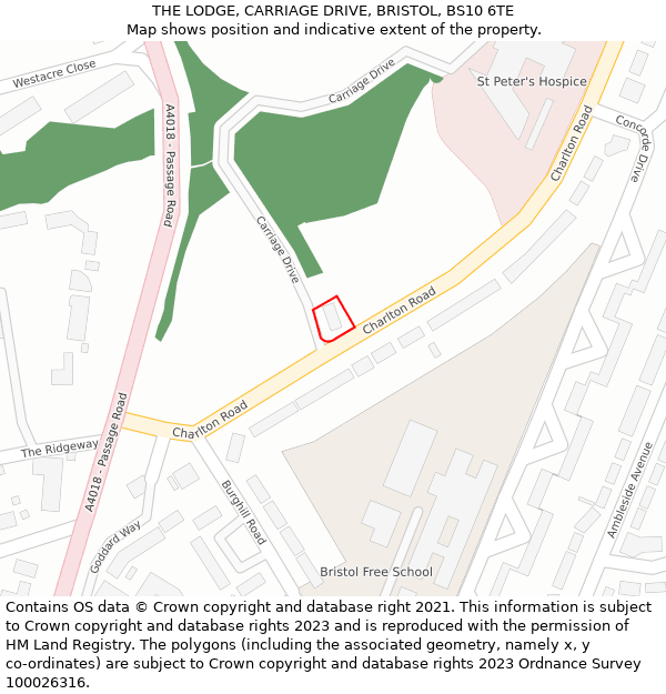 THE LODGE, CARRIAGE DRIVE, BRISTOL, BS10 6TE: Location map and indicative extent of plot