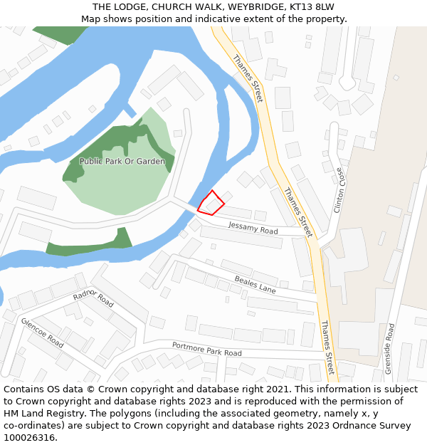 THE LODGE, CHURCH WALK, WEYBRIDGE, KT13 8LW: Location map and indicative extent of plot