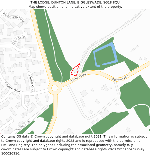 THE LODGE, DUNTON LANE, BIGGLESWADE, SG18 8QU: Location map and indicative extent of plot