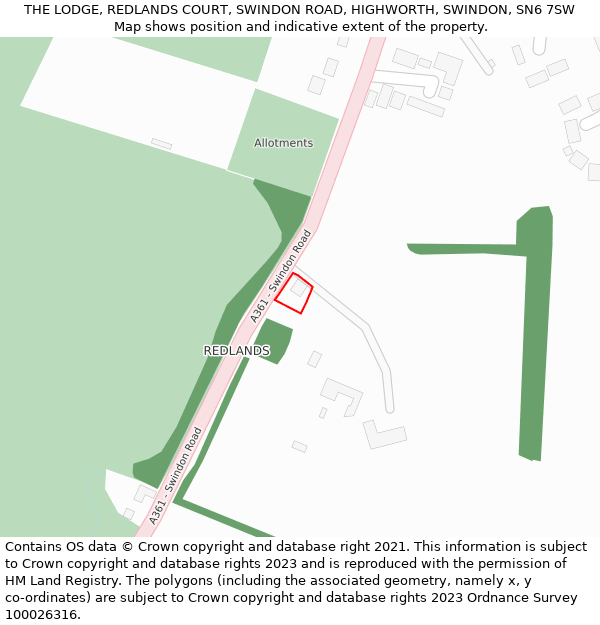 THE LODGE, REDLANDS COURT, SWINDON ROAD, HIGHWORTH, SWINDON, SN6 7SW: Location map and indicative extent of plot