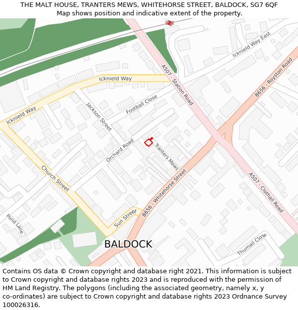 THE MALT HOUSE, TRANTERS MEWS, WHITEHORSE STREET, BALDOCK, SG7 6QF: Location map and indicative extent of plot