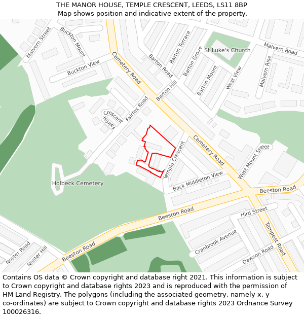 THE MANOR HOUSE, TEMPLE CRESCENT, LEEDS, LS11 8BP: Location map and indicative extent of plot