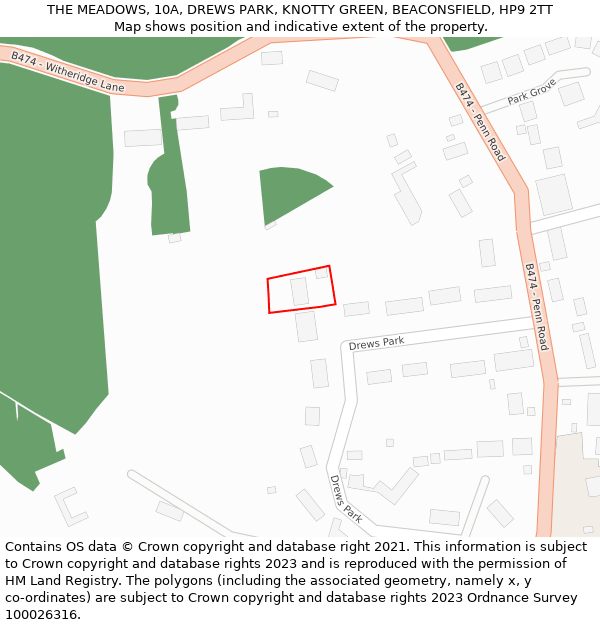 THE MEADOWS, 10A, DREWS PARK, KNOTTY GREEN, BEACONSFIELD, HP9 2TT: Location map and indicative extent of plot