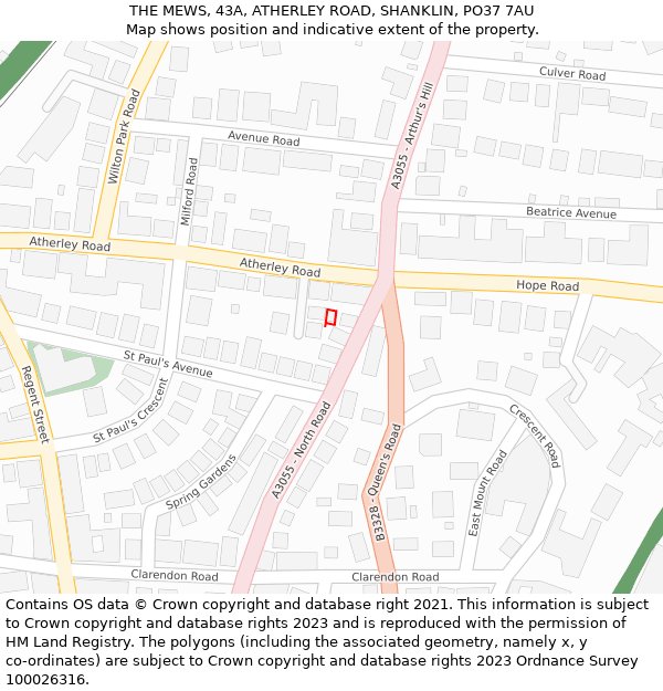 THE MEWS, 43A, ATHERLEY ROAD, SHANKLIN, PO37 7AU: Location map and indicative extent of plot