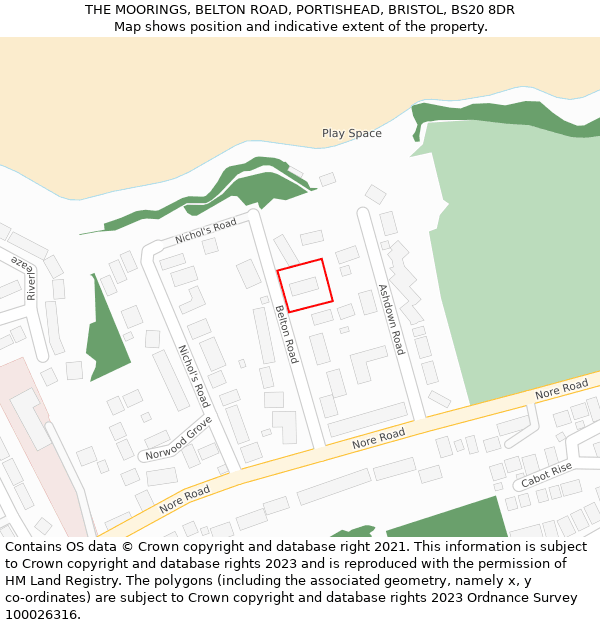 THE MOORINGS, BELTON ROAD, PORTISHEAD, BRISTOL, BS20 8DR: Location map and indicative extent of plot