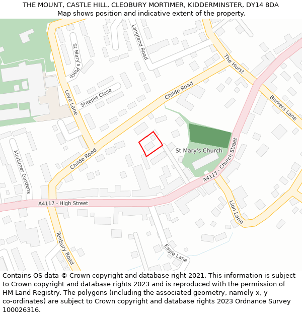 THE MOUNT, CASTLE HILL, CLEOBURY MORTIMER, KIDDERMINSTER, DY14 8DA: Location map and indicative extent of plot