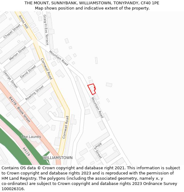 THE MOUNT, SUNNYBANK, WILLIAMSTOWN, TONYPANDY, CF40 1PE: Location map and indicative extent of plot