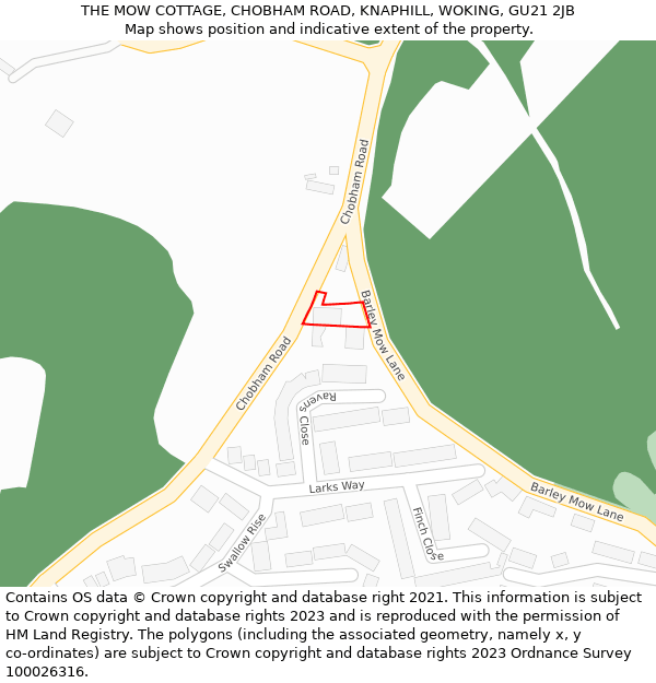 THE MOW COTTAGE, CHOBHAM ROAD, KNAPHILL, WOKING, GU21 2JB: Location map and indicative extent of plot