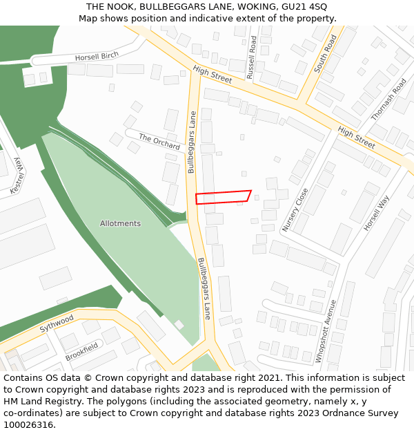 THE NOOK, BULLBEGGARS LANE, WOKING, GU21 4SQ: Location map and indicative extent of plot