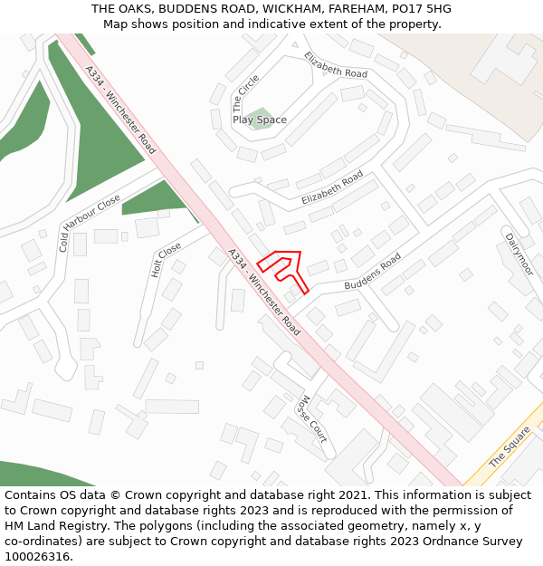 THE OAKS, BUDDENS ROAD, WICKHAM, FAREHAM, PO17 5HG: Location map and indicative extent of plot