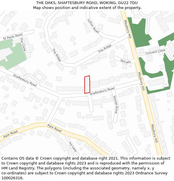 THE OAKS, SHAFTESBURY ROAD, WOKING, GU22 7DU: Location map and indicative extent of plot