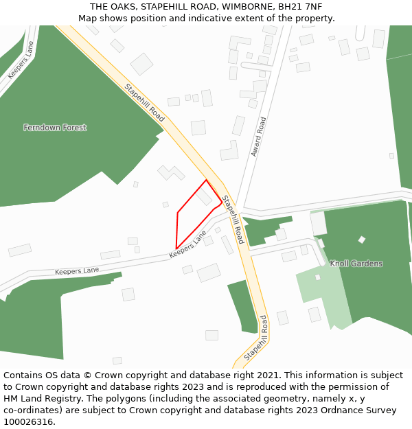 THE OAKS, STAPEHILL ROAD, WIMBORNE, BH21 7NF: Location map and indicative extent of plot