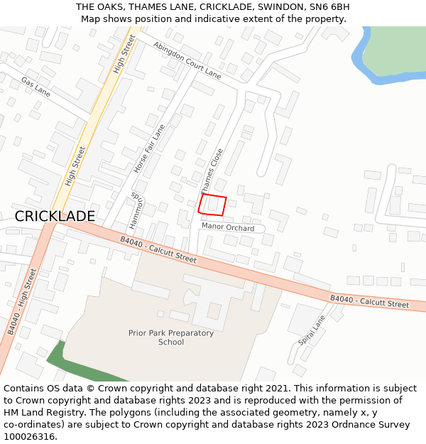 THE OAKS, THAMES LANE, CRICKLADE, SWINDON, SN6 6BH: Location map and indicative extent of plot