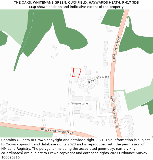 THE OAKS, WHITEMANS GREEN, CUCKFIELD, HAYWARDS HEATH, RH17 5DB: Location map and indicative extent of plot