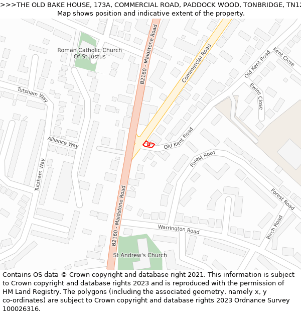 THE OLD BAKE HOUSE, 173A, COMMERCIAL ROAD, PADDOCK WOOD, TONBRIDGE, TN12 6DS: Location map and indicative extent of plot