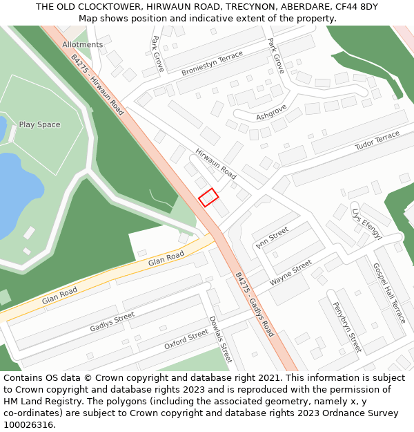 THE OLD CLOCKTOWER, HIRWAUN ROAD, TRECYNON, ABERDARE, CF44 8DY: Location map and indicative extent of plot