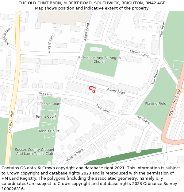 THE OLD FLINT BARN, ALBERT ROAD, SOUTHWICK, BRIGHTON, BN42 4GE: Location map and indicative extent of plot