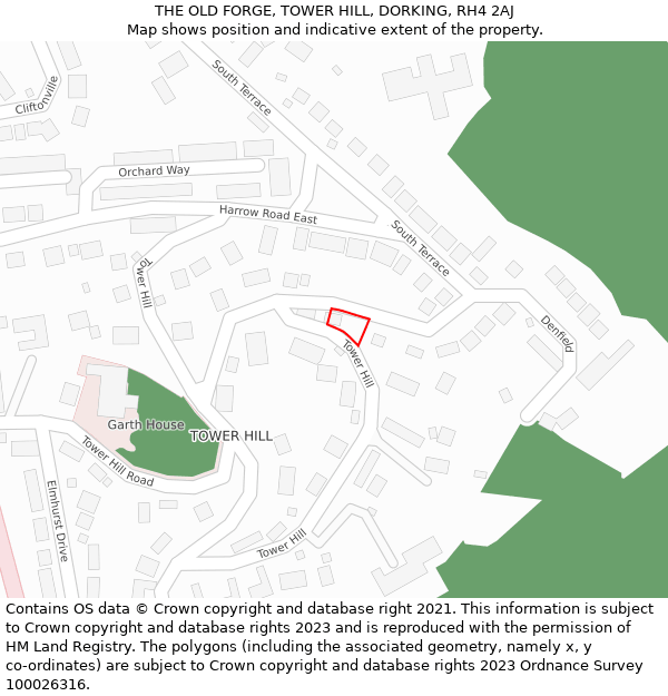 THE OLD FORGE, TOWER HILL, DORKING, RH4 2AJ: Location map and indicative extent of plot